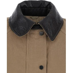 Beige Jacket with leather collar and two patch pockets on the front in cotton blend for women