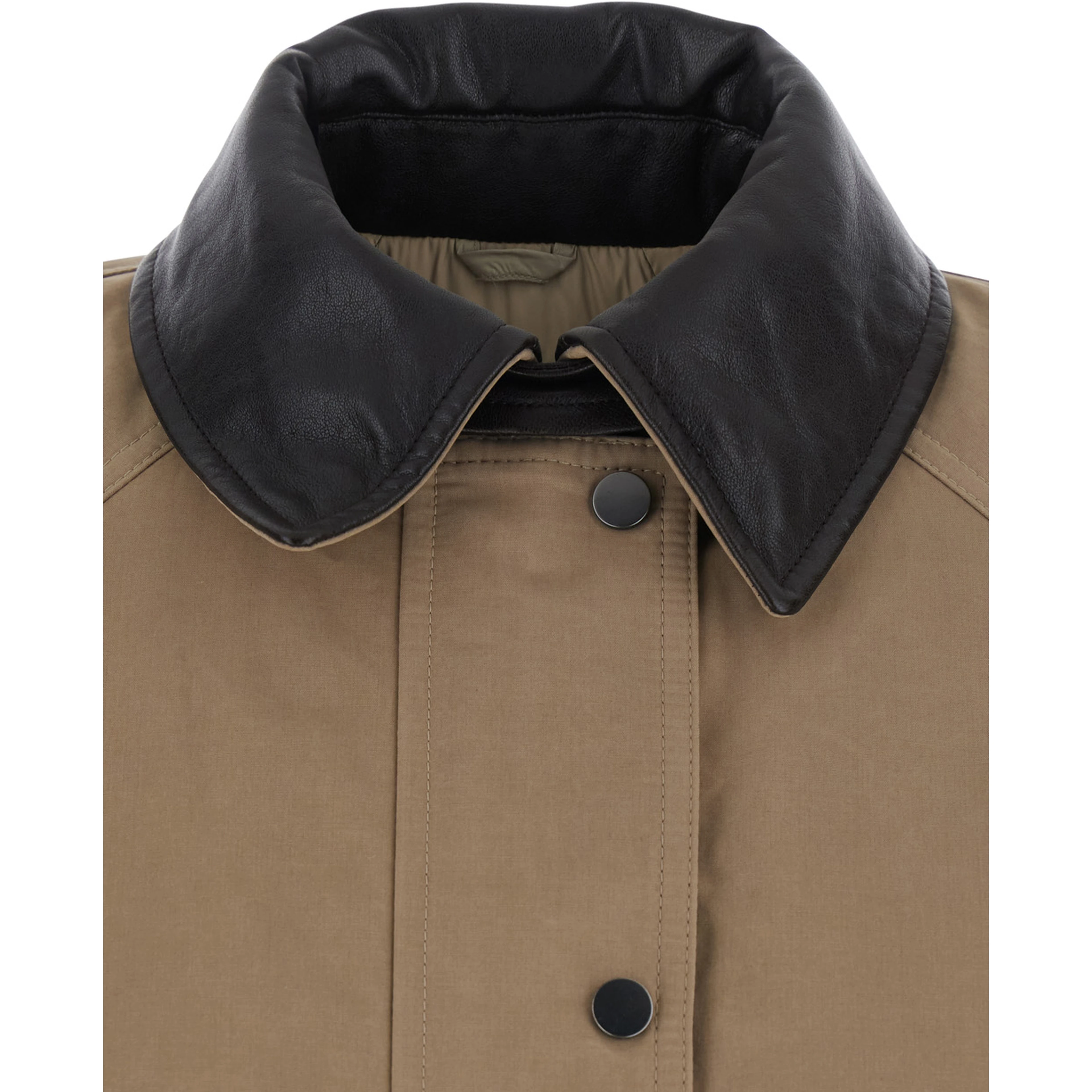 Beige Jacket with leather collar and two patch pockets on the front in cotton blend for women