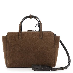 Brown Medium Handbag with Adjustable Shoulder Strap and Front Pocket in Suede for Women