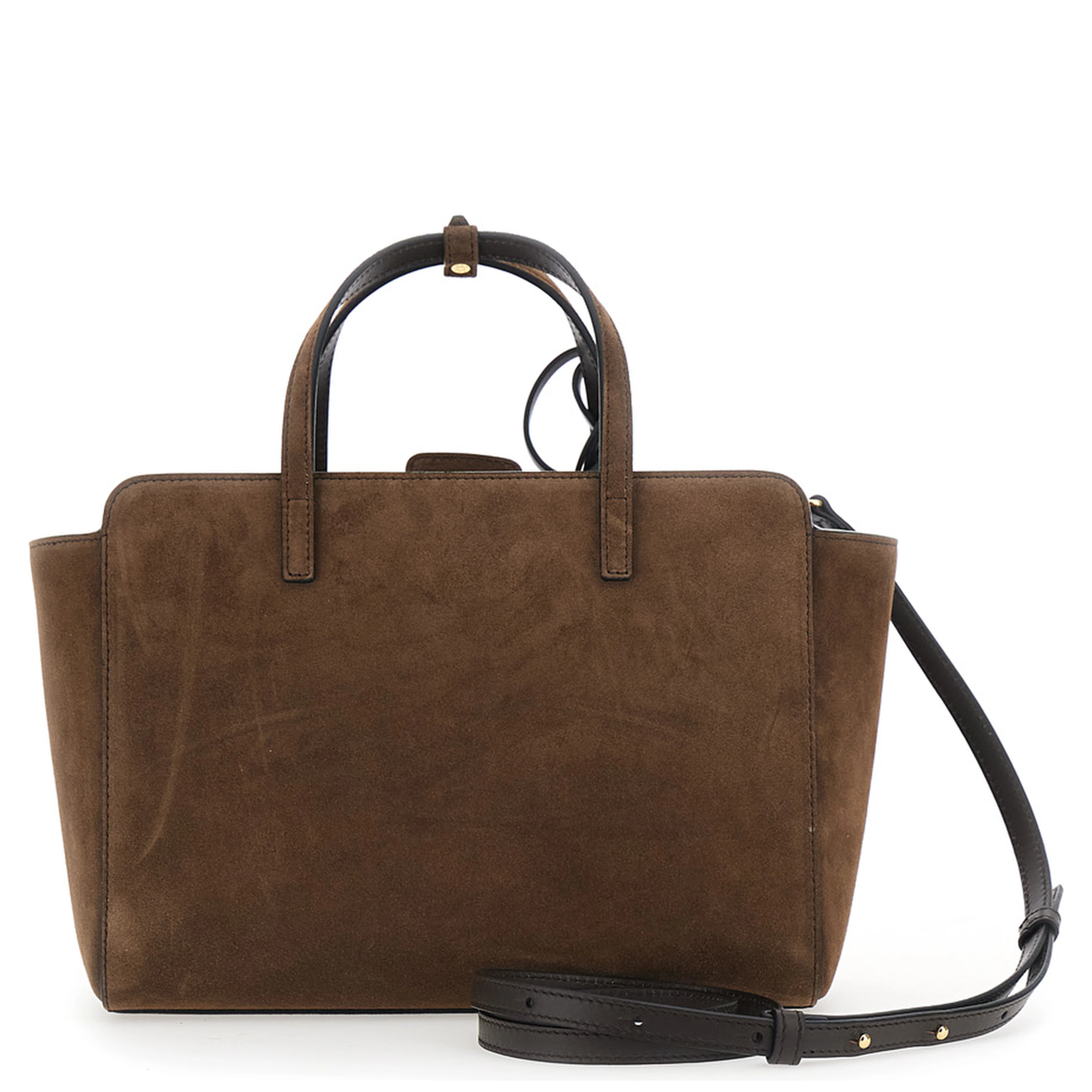Brown Medium Handbag with Adjustable Shoulder Strap and Front Pocket in Suede for Women