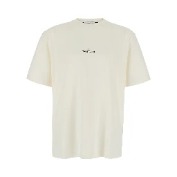 Beige Crew neck T-shirt with logo lettering on the front and maxi logo print on the back in cotton for men