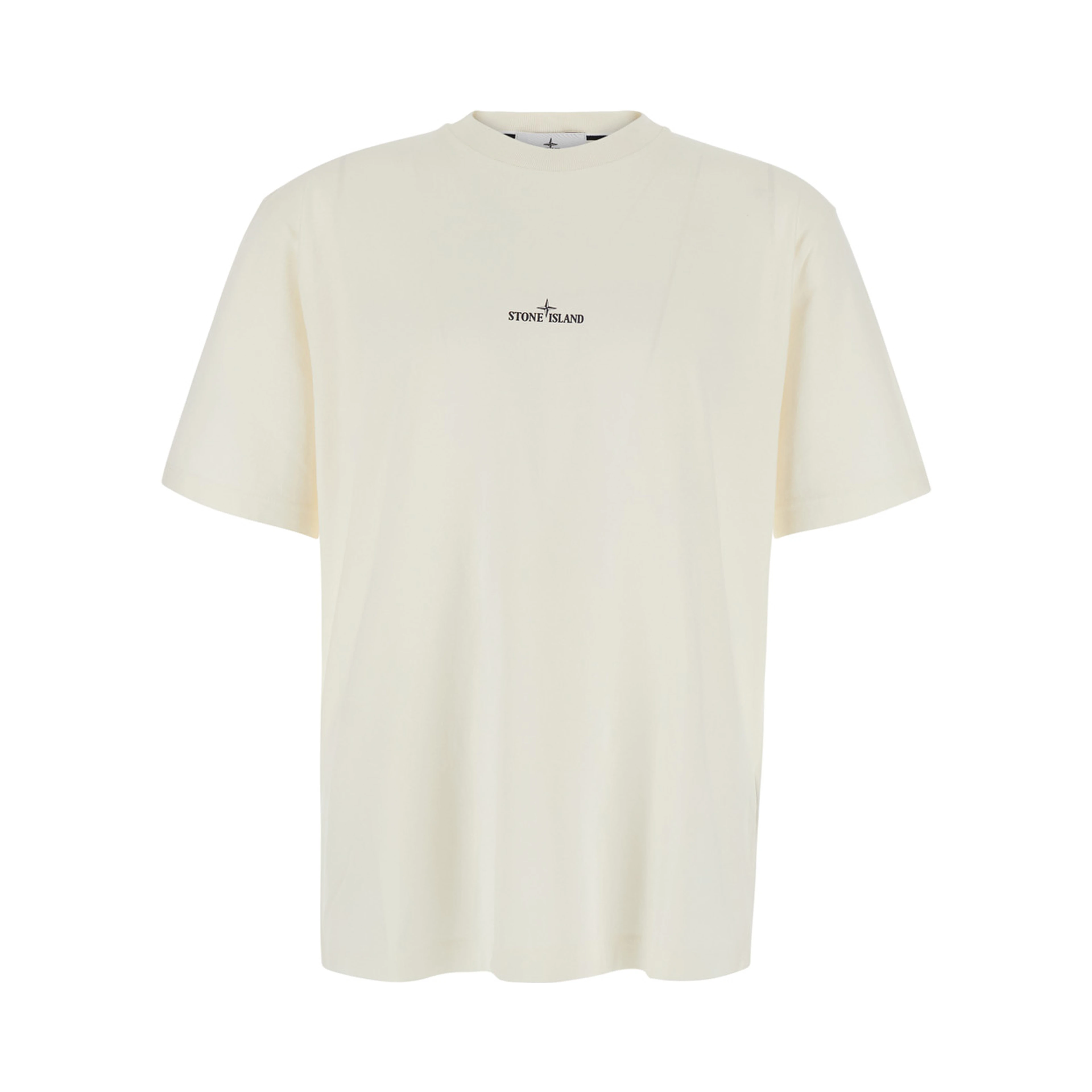 Beige Crew neck T-shirt with logo lettering on the front and maxi logo print on the back in cotton for men