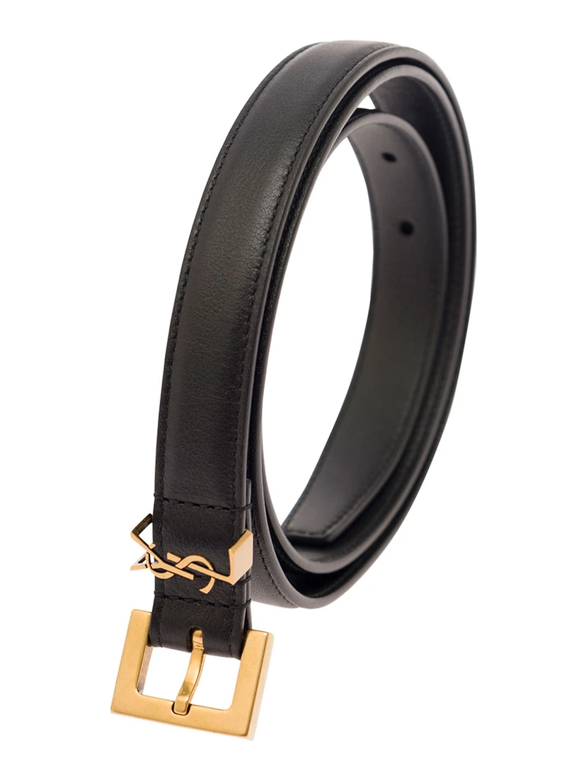 Black Belt in Leather with Gold-tone Buckle and Monogram Detail Woman