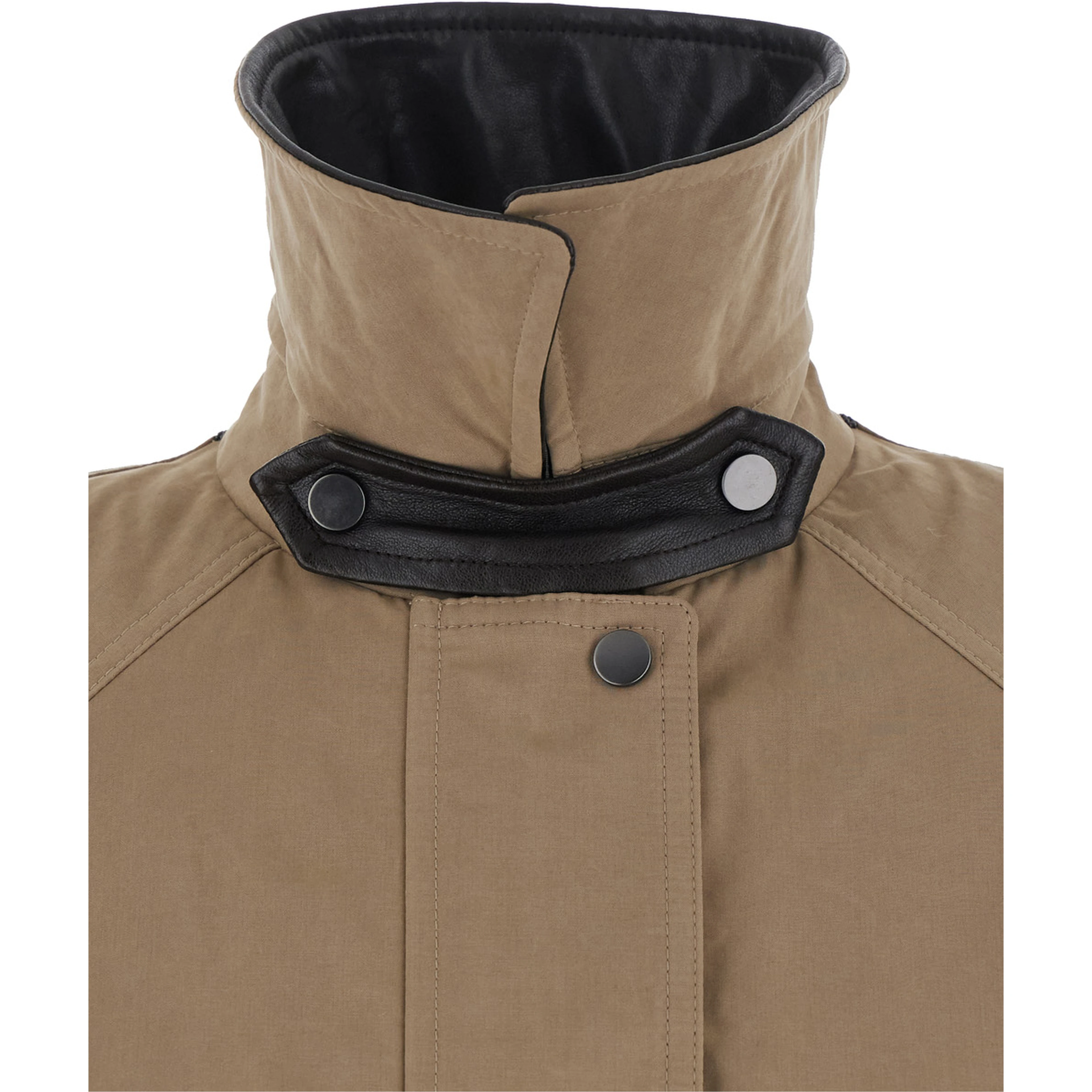 Beige Jacket with leather collar and two patch pockets on the front in cotton blend for women