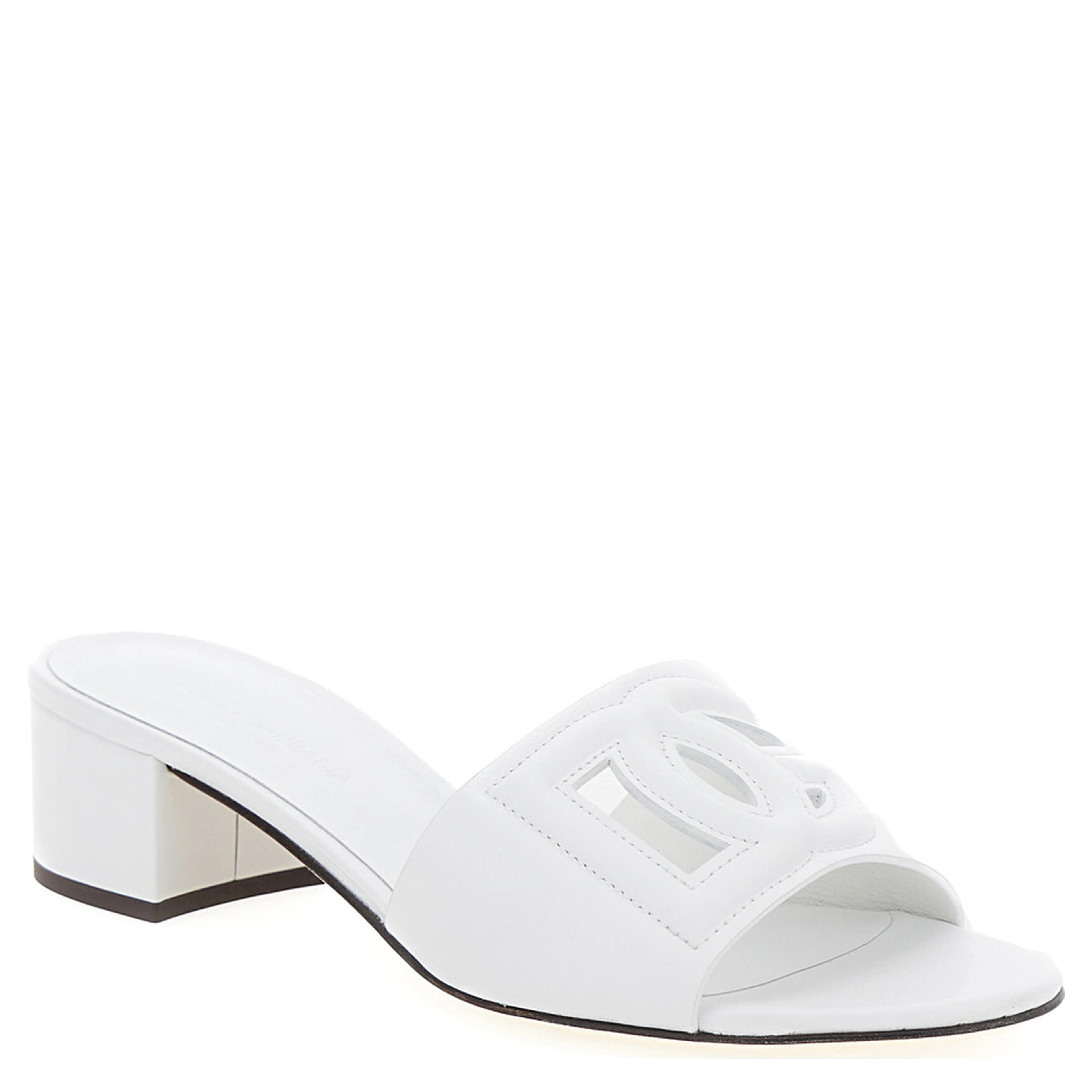 White Mules with Low Heel and DG Millennials in Smooth Leather for Women
