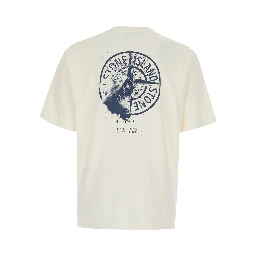 Beige Crew neck T-shirt with logo lettering on the front and maxi logo print on the back in cotton for men