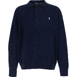 Blue Sweater with polo collar and American flag embroidery on the back in cotton for men