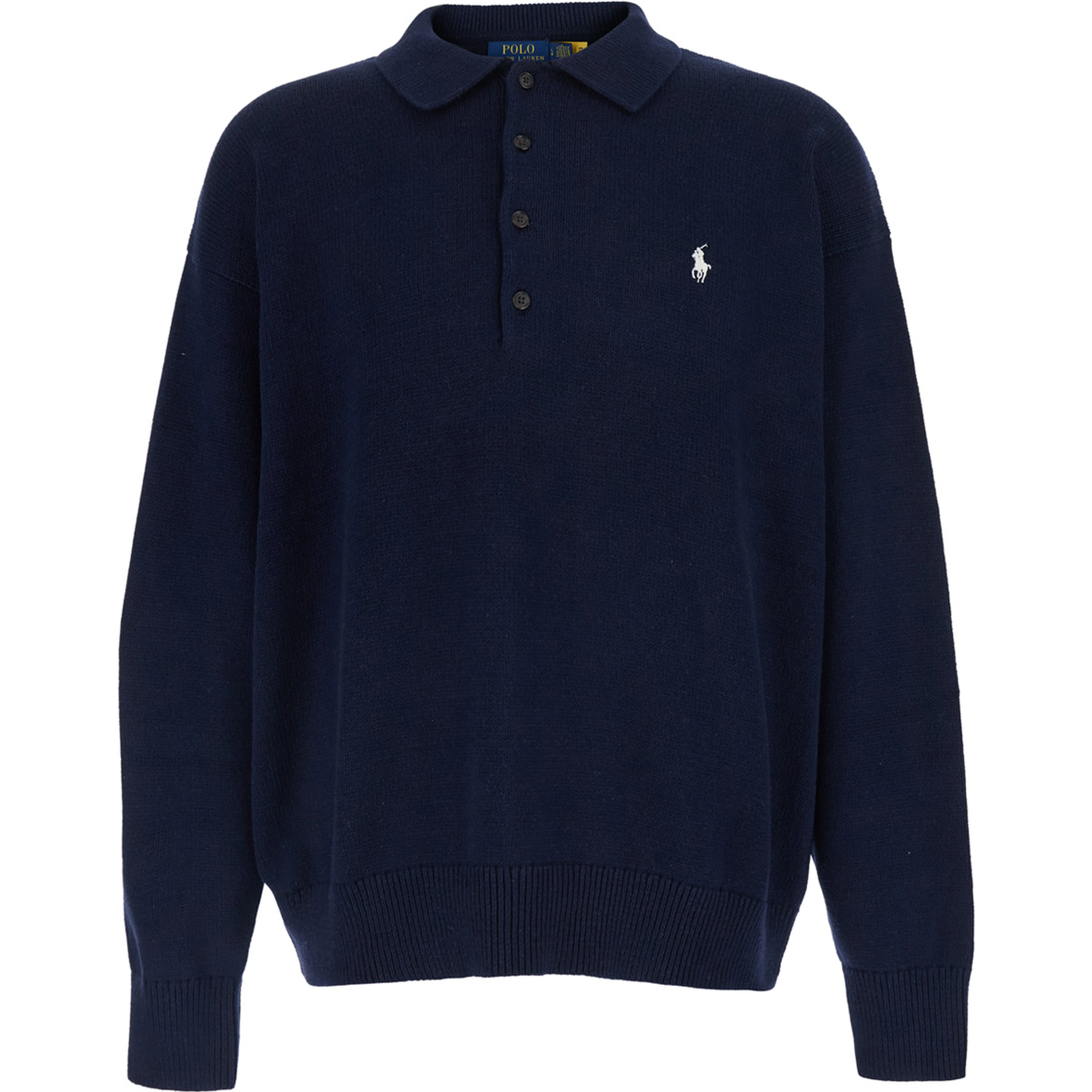 Blue Sweater with polo collar and American flag embroidery on the back in cotton for men