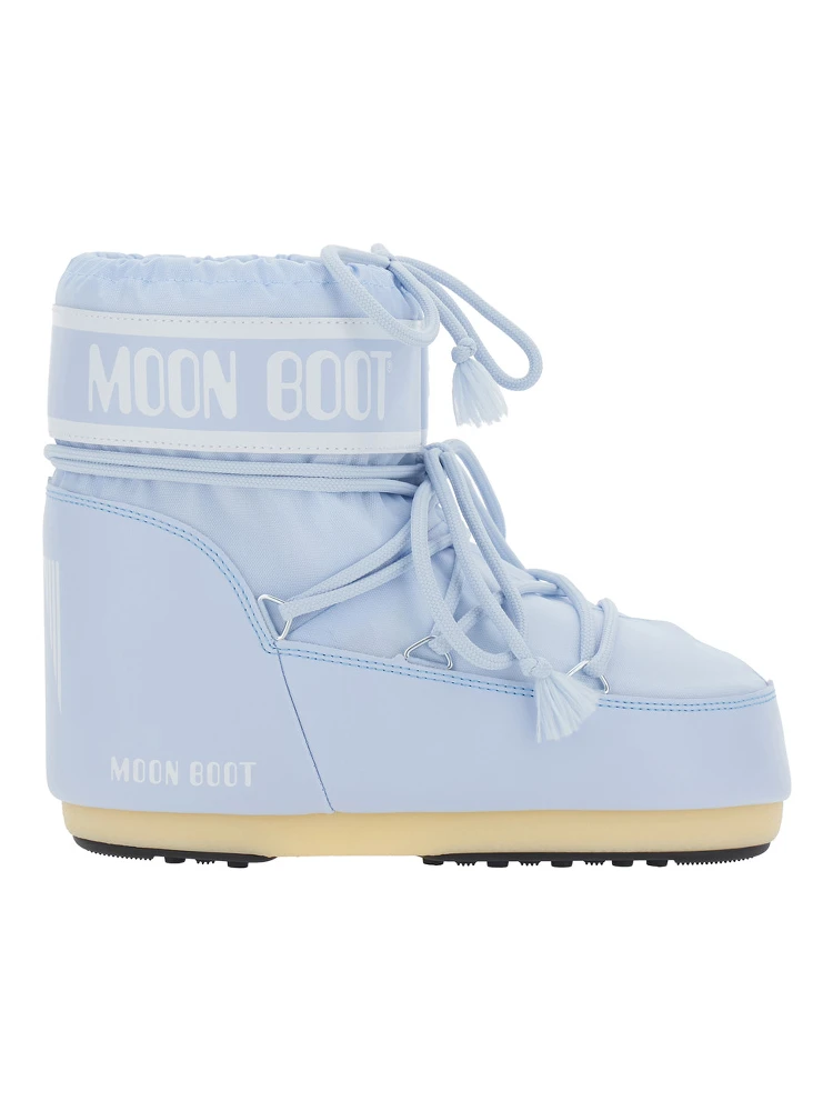 Light blue ankle boots with logo lettering and lace-up closure in tech fabric for women