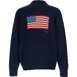 Blue Sweater with polo collar and American flag embroidery on the back in cotton for men