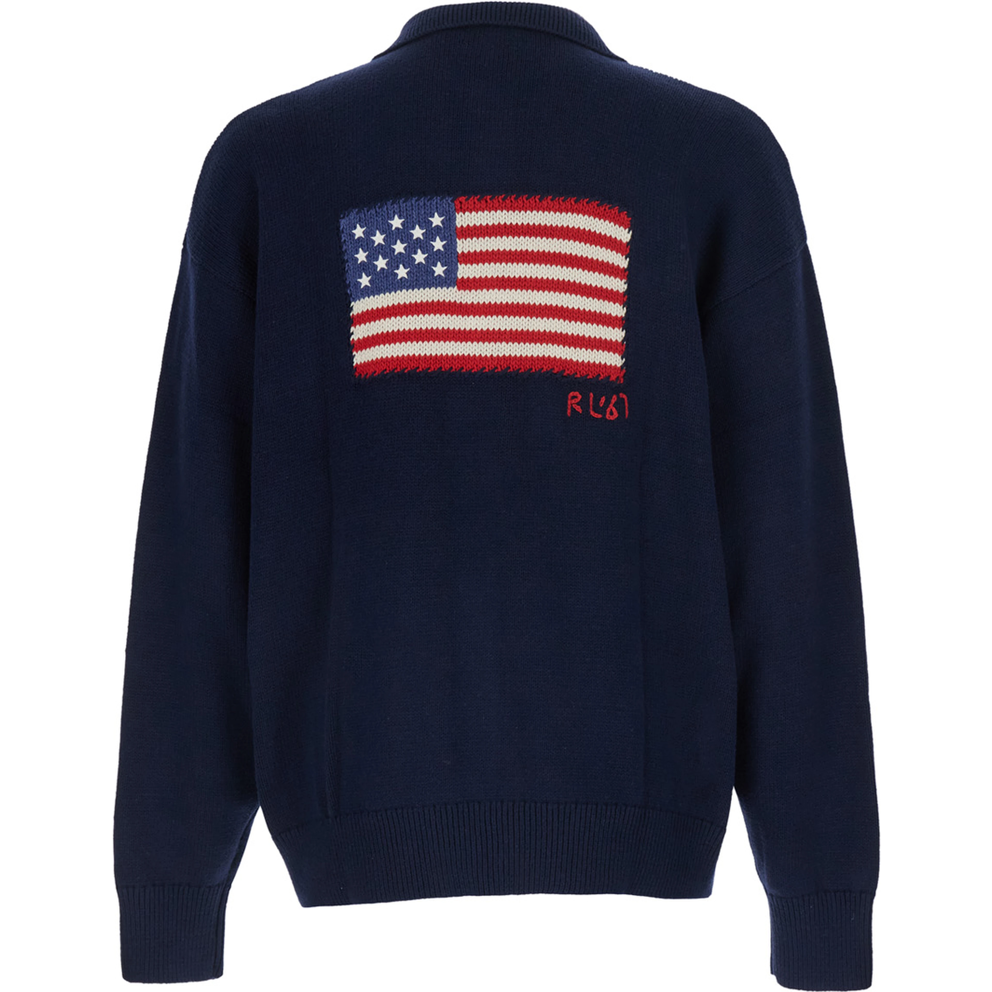 Blue Sweater with polo collar and American flag embroidery on the back in cotton for men