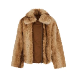Beige Shearling Jacket with Wide Collar and Zip Closure in Faux Fur for Women