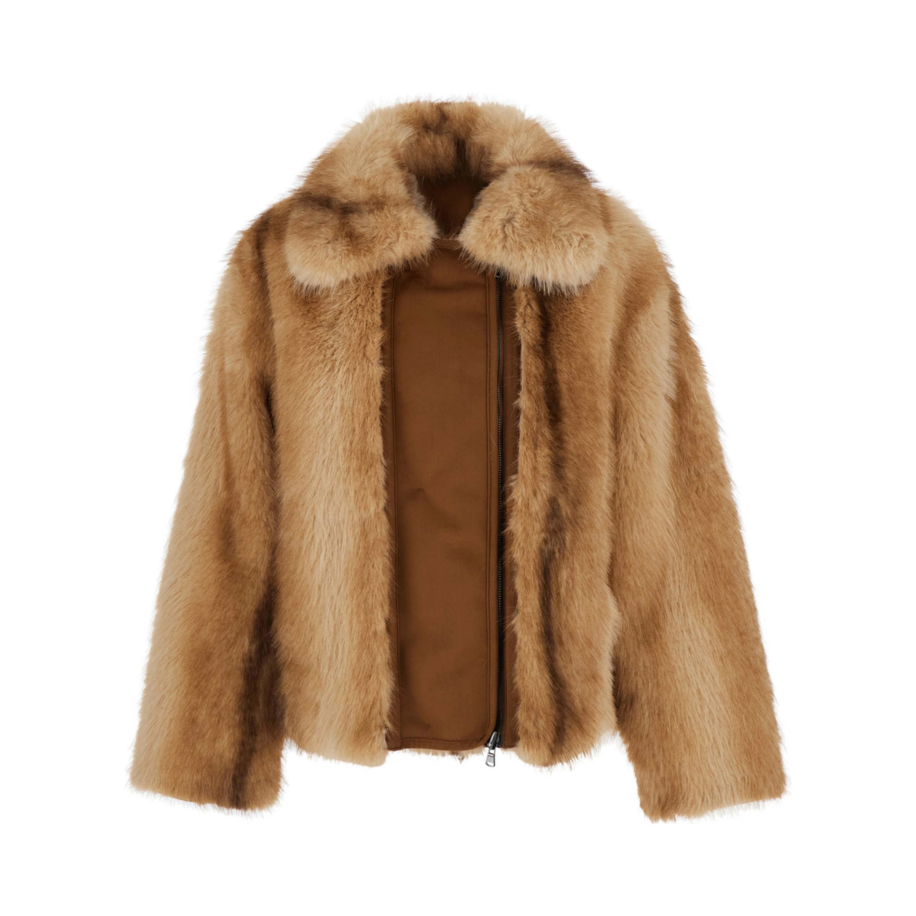 Beige Shearling Jacket with Wide Collar and Zip Closure in Faux Fur for Women