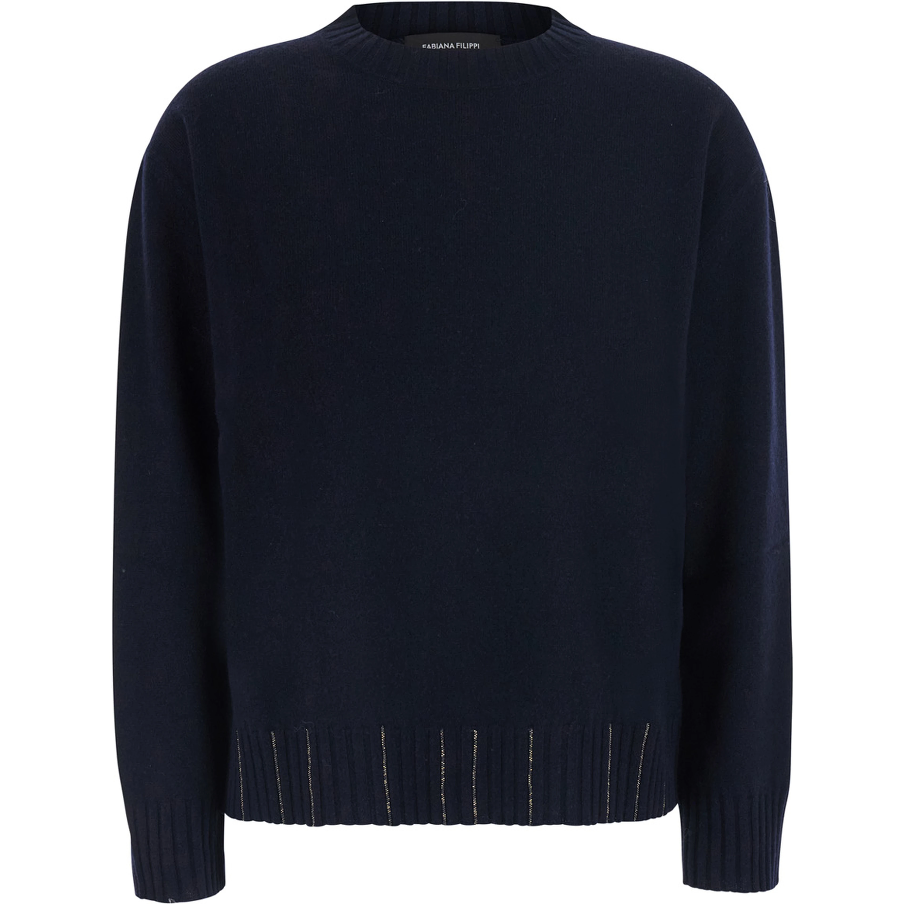 blue sweater with round neck and rhinestone details in wool and silk Blend women