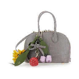 Gray Mini Bag with Adjustable and Removable Shoulder Strap and Charm on the Front in Leather for Women