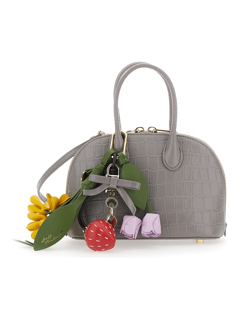 Gray Mini Bag with Adjustable and Removable Shoulder Strap and Charm on the Front in Leather for Women