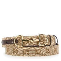 Brown Reversible Belt with Horsebit  Buckle in Leather and GG Canvas for Women