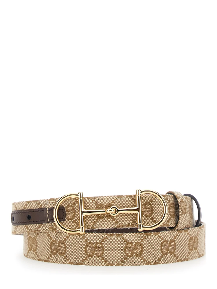 Brown Reversible Belt with Horsebit Buckle in Leather and GG Canvas for Women