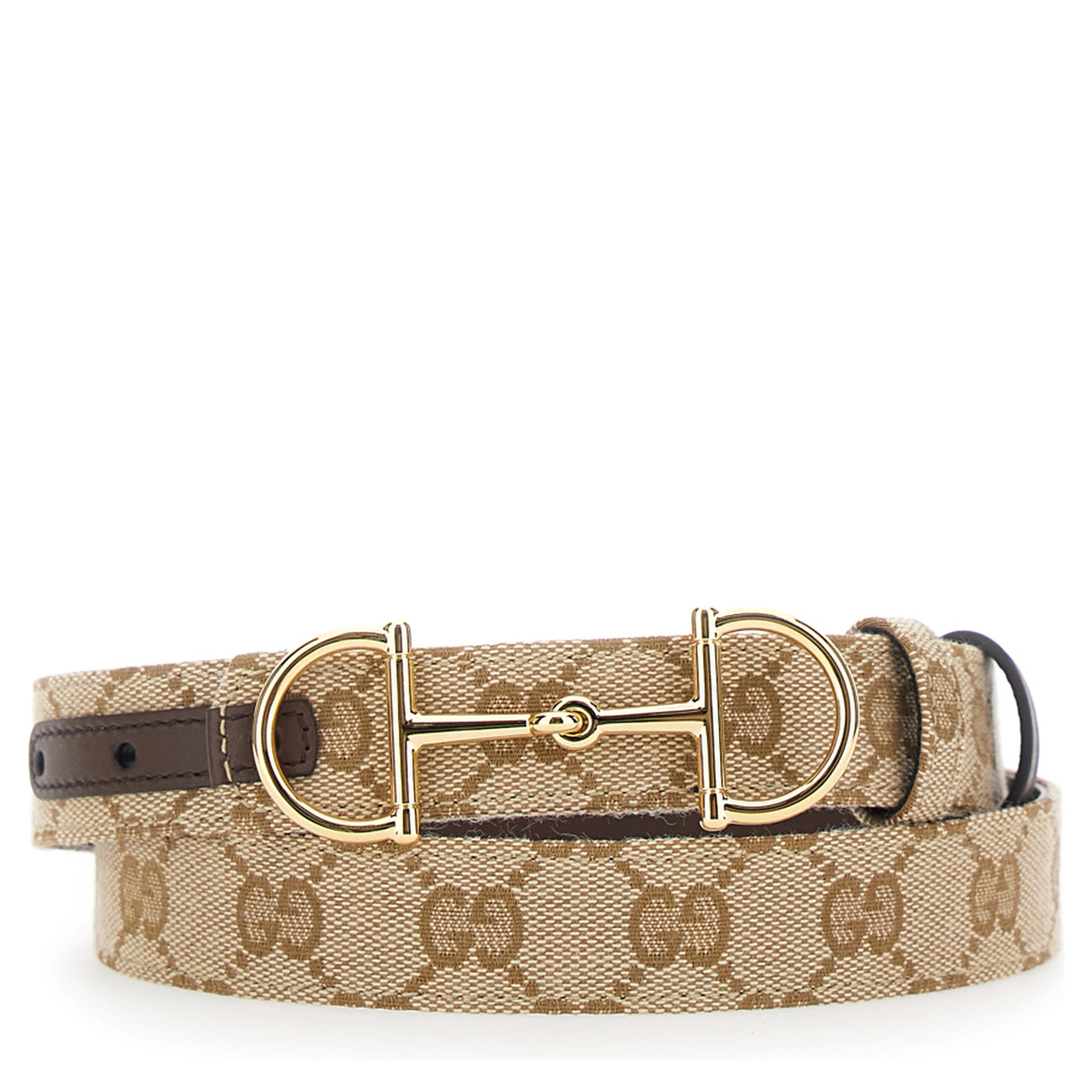 Brown Reversible Belt with Horsebit  Buckle in Leather and GG Canvas for Women