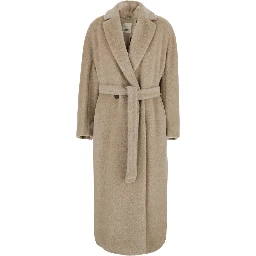 Tabarin Beige Coat with Notched Revers and Belt Closure on the Front in Wool for Women