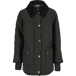Modern Beadnell green Jacket with logo lettering and quilted design in Tech Fabric women