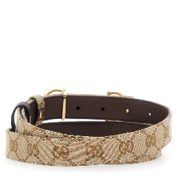 Brown Reversible Belt with Horsebit  Buckle in Leather and GG Canvas for Women