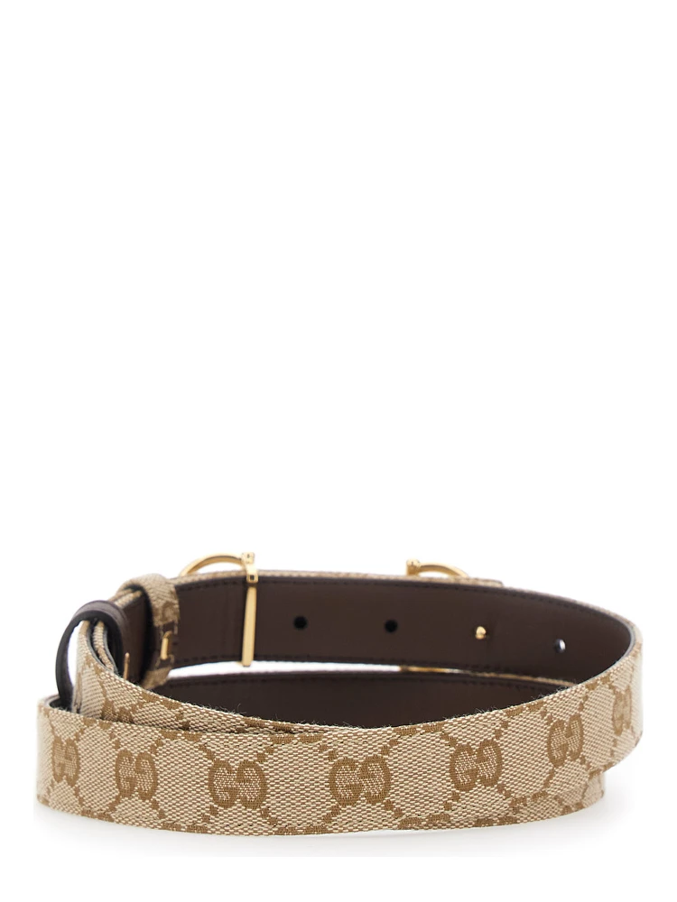 Brown Reversible Belt with Horsebit Buckle in Leather and GG Canvas for Women alternative