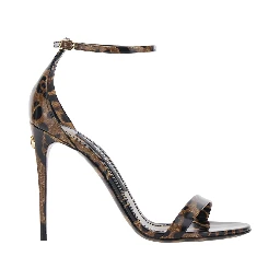 Brown High Heel Sandals with Leopard Print in Glossy Leather for Women