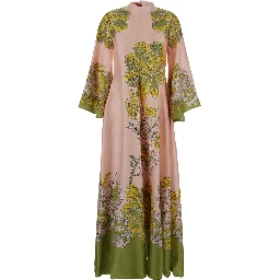 Magnifico Pink long dress with Bow on the Back and All-Over Floral Print in Silk for Women