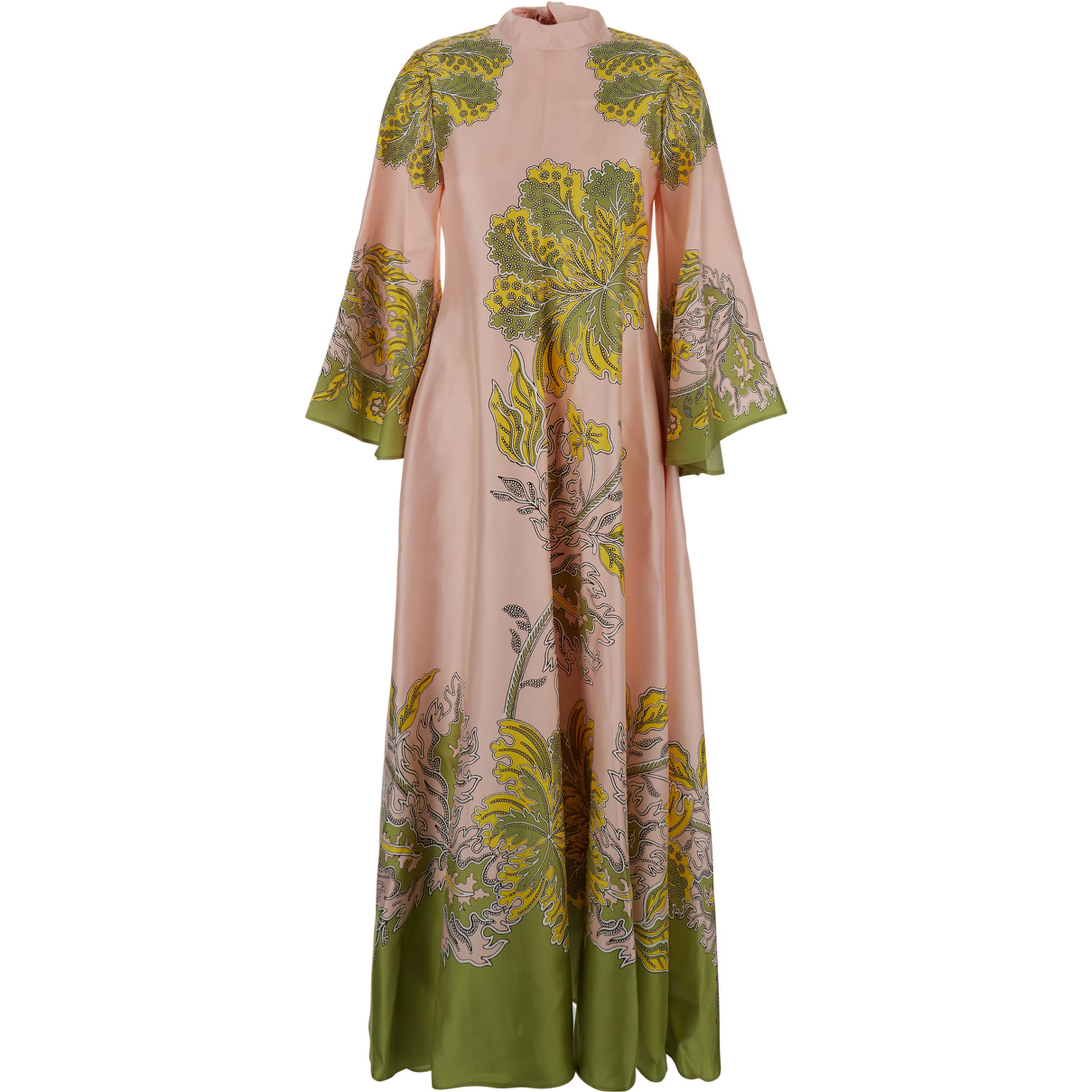 Magnifico Pink long dress with Bow on the Back and All-Over Floral Print in Silk for Women
