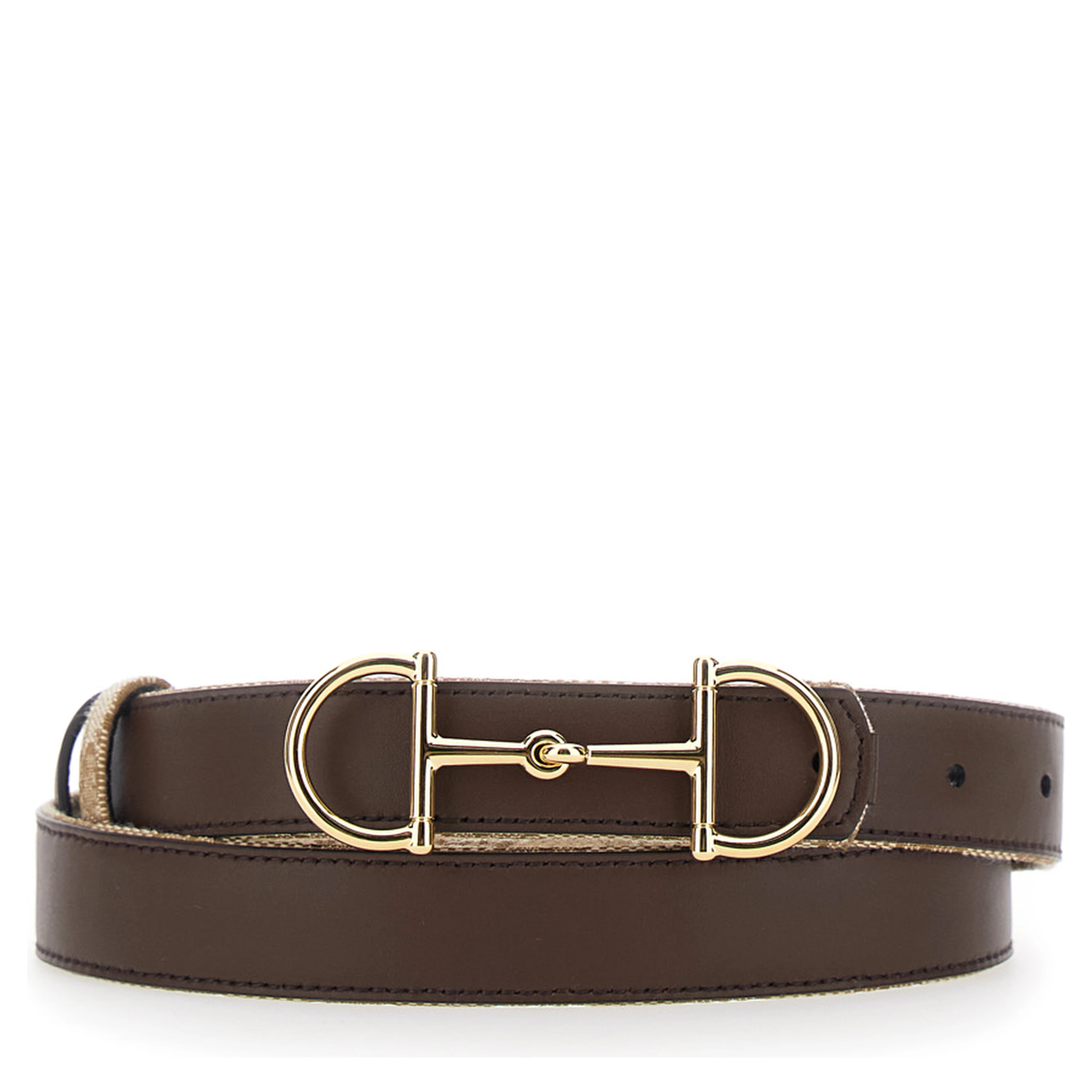 Brown Reversible Belt with Horsebit  Buckle in Leather and GG Canvas for Women