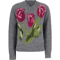 Gray Sweater with floral print and brushed effect in blend wool for women