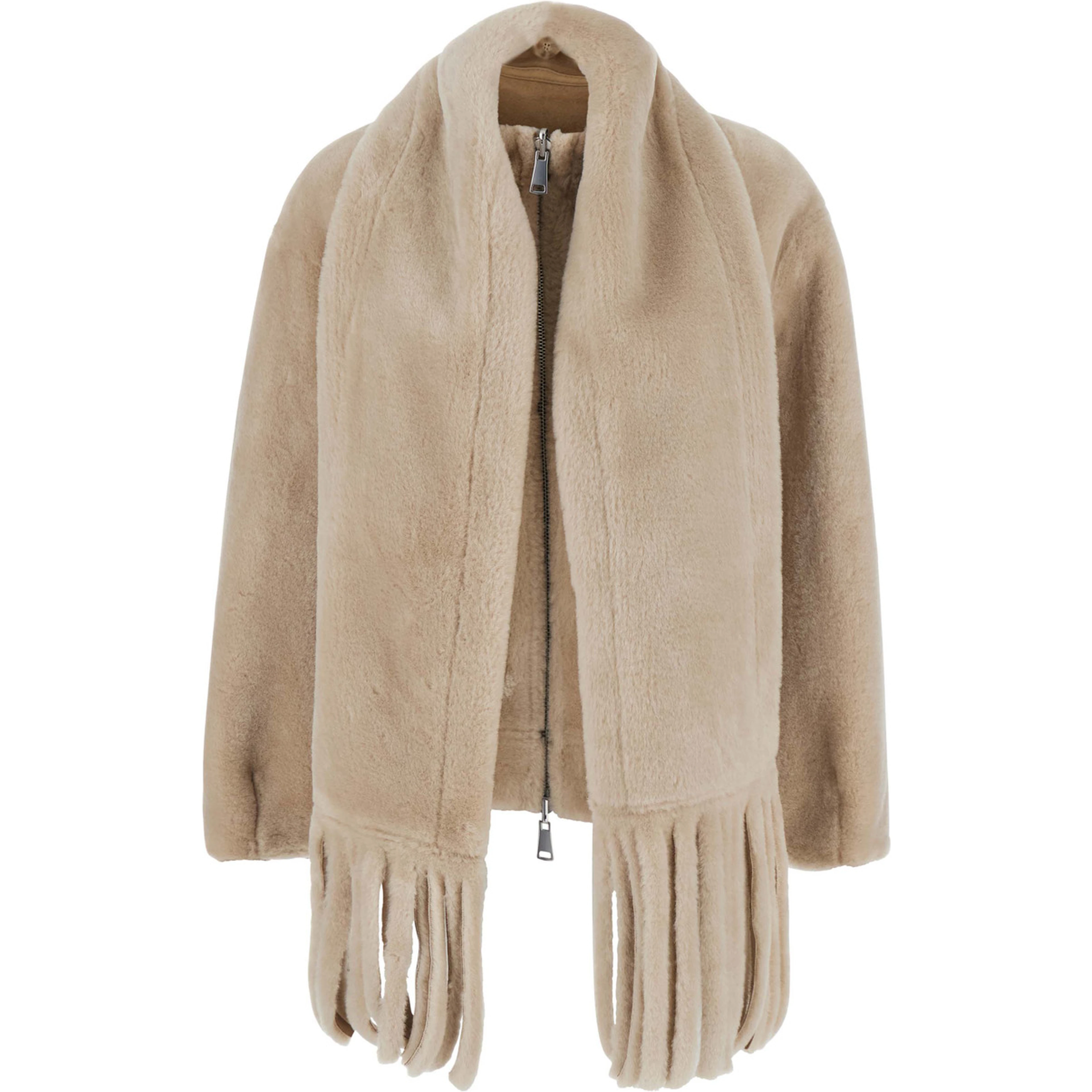 beige fur jacket with scarf collar and reversible design in Faux fur for women