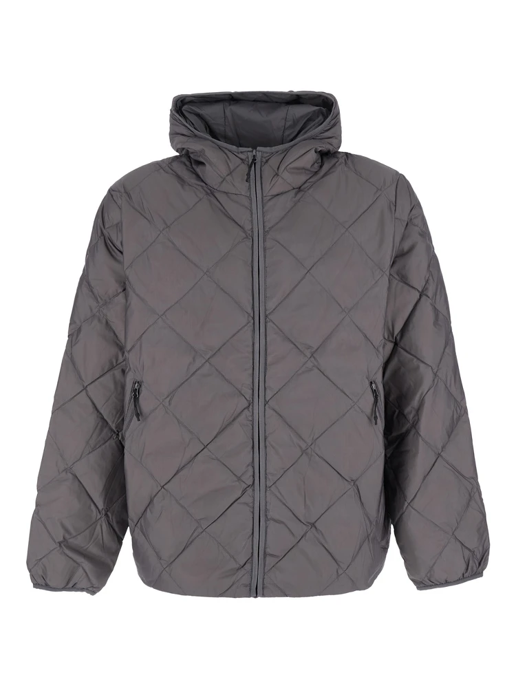 Down jacket with high collar and long sleeves in gray tech fabric unisex