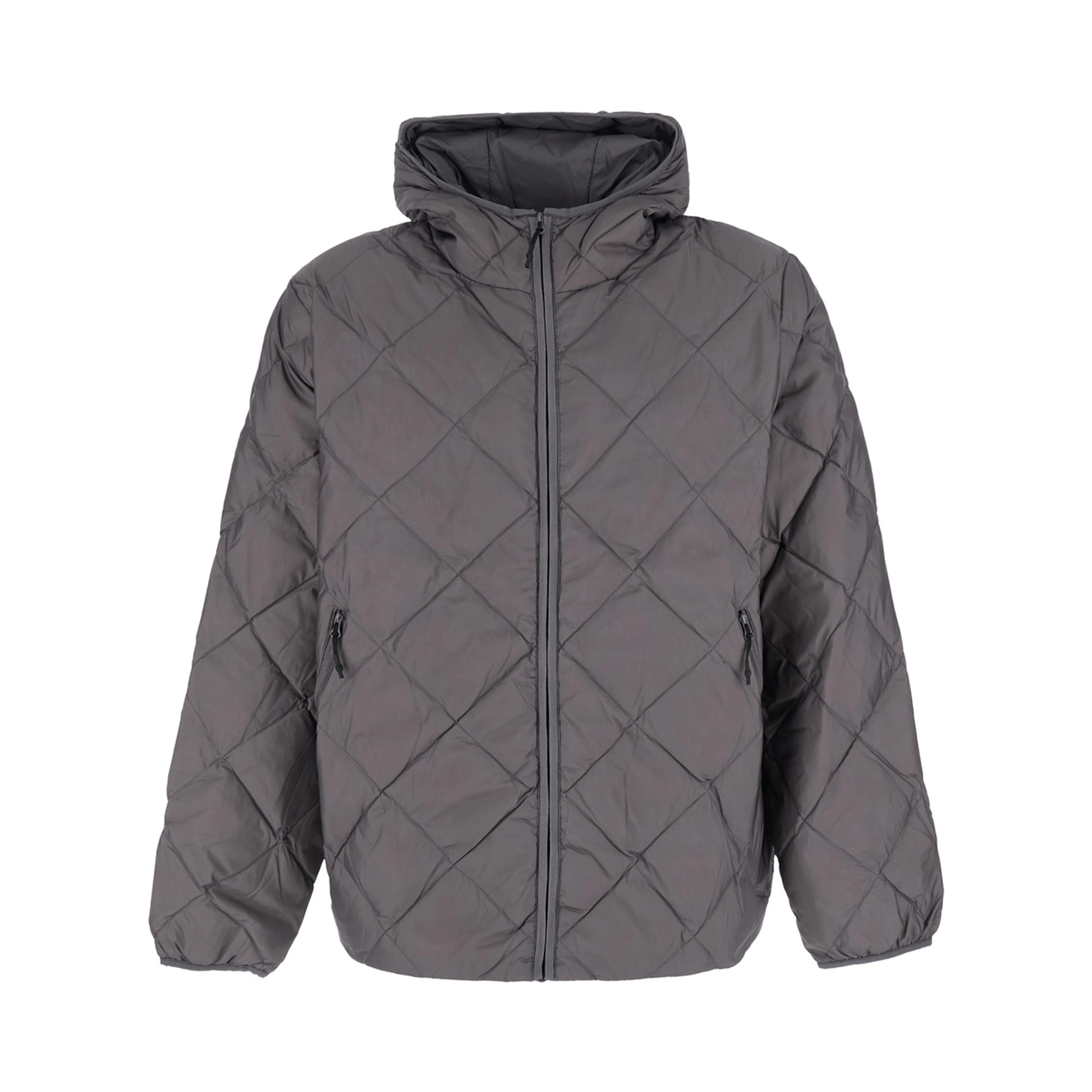 Down jacket with high collar and long sleeves in gray tech fabric unisex