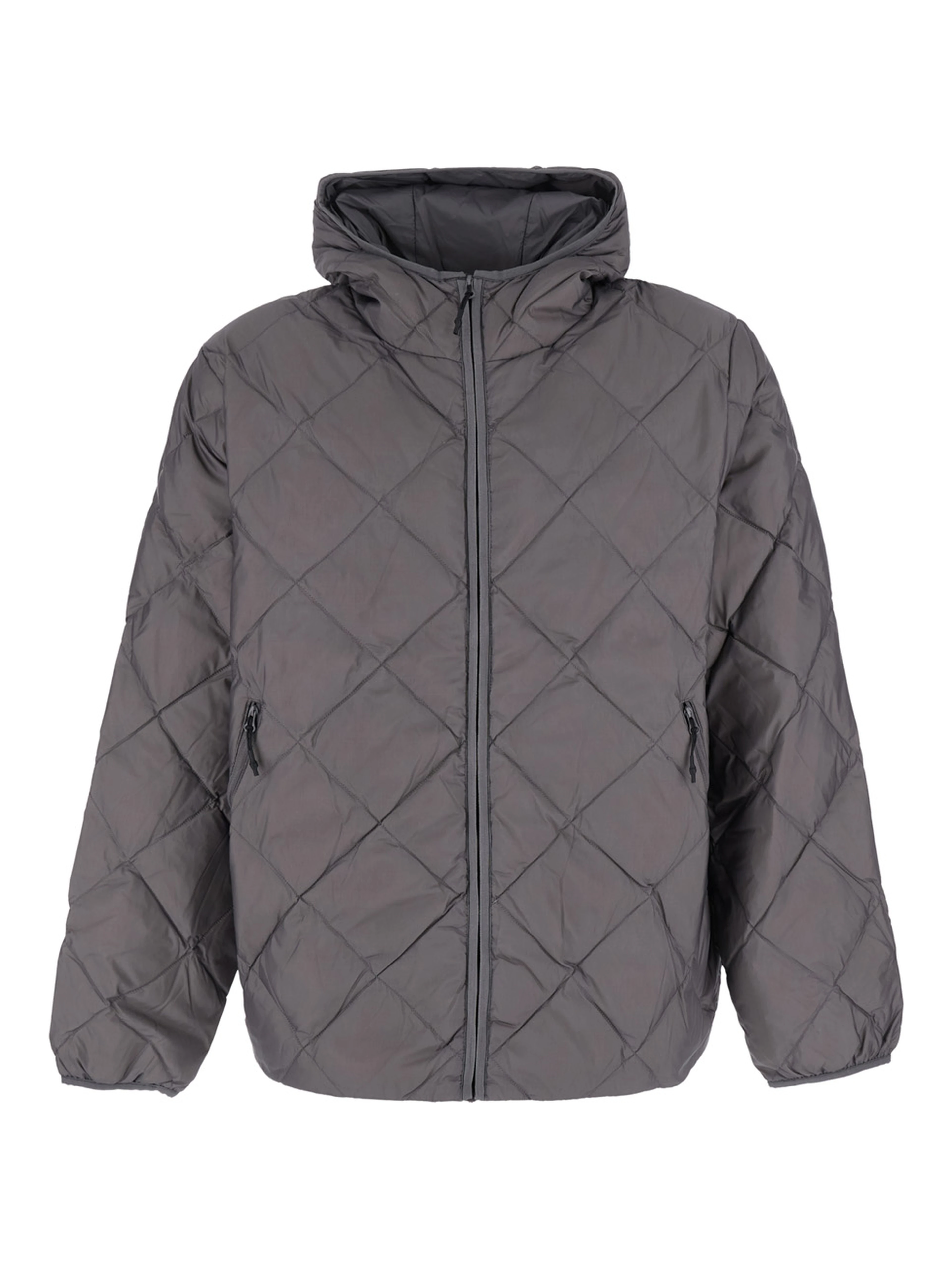 Down jacket with high collar and long sleeves in gray tech fabric unisex