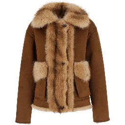 Beige Shearling Jacket with Wide Collar and Zip Closure in Faux Fur for Women