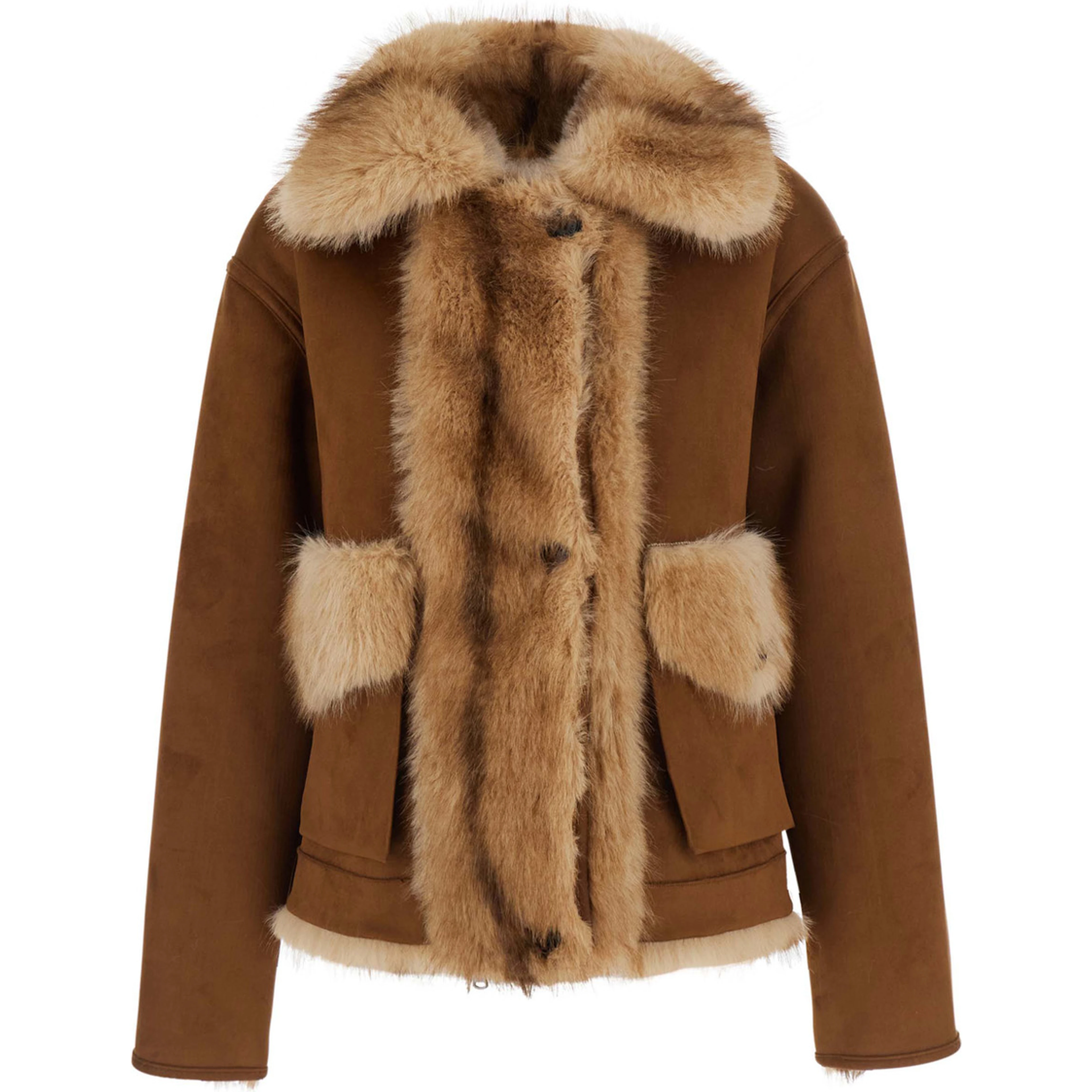Beige Shearling Jacket with Wide Collar and Zip Closure in Faux Fur for Women