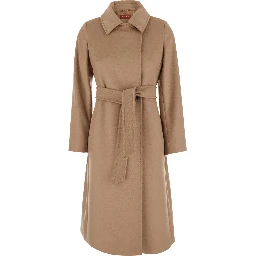 Beige Coat with Classic Collar and Front Belt Closure in Wool for Women