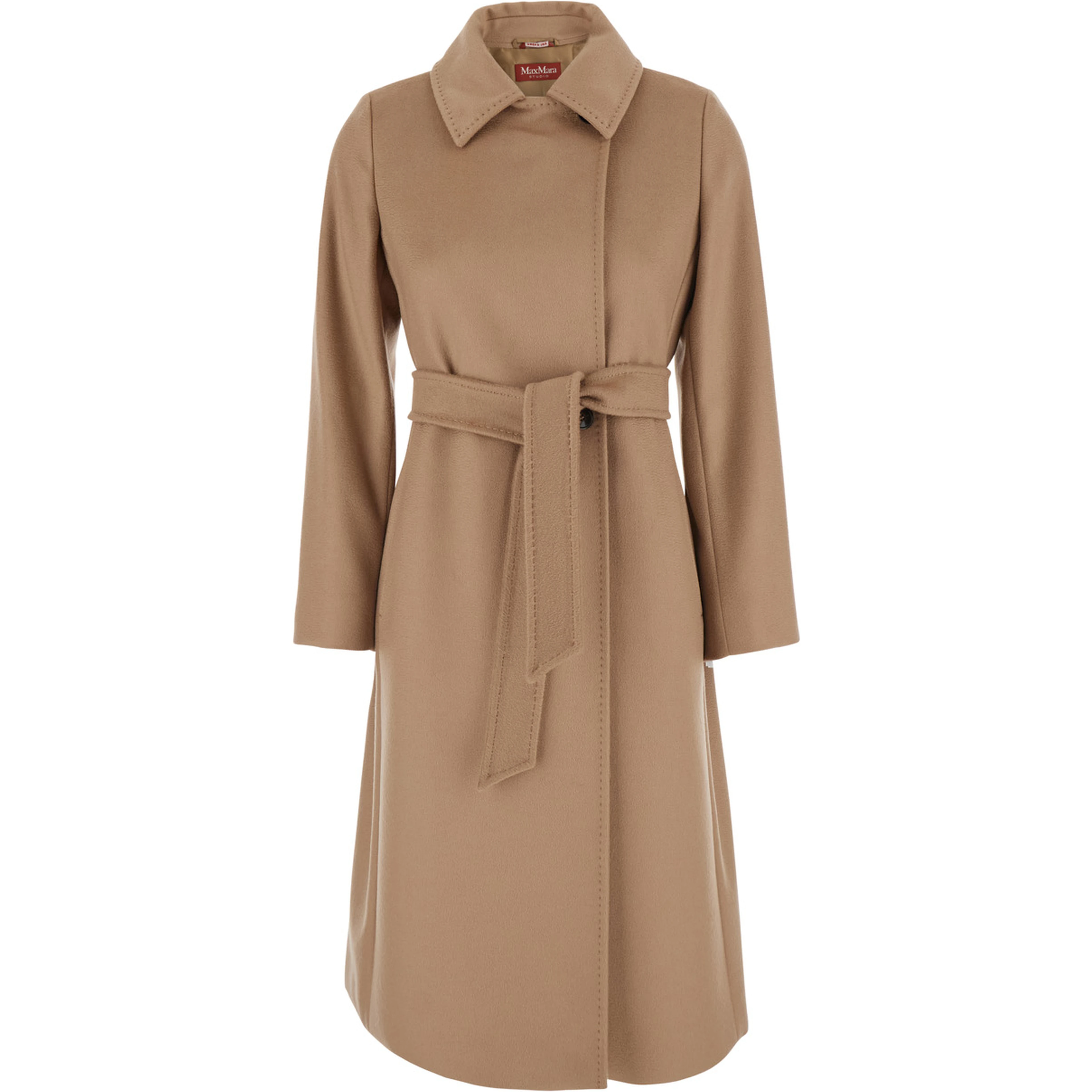 Beige Coat with Classic Collar and Front Belt Closure in Wool for Women