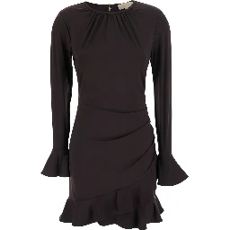 Black Crew neck dress with ruffles and flared cuffs in tech fabric for women