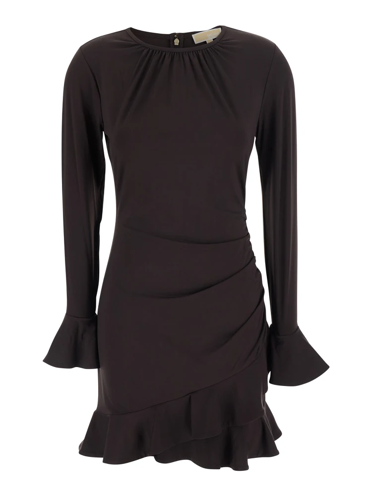 Black Crew neck dress with ruffles and flared cuffs in tech fabric for women