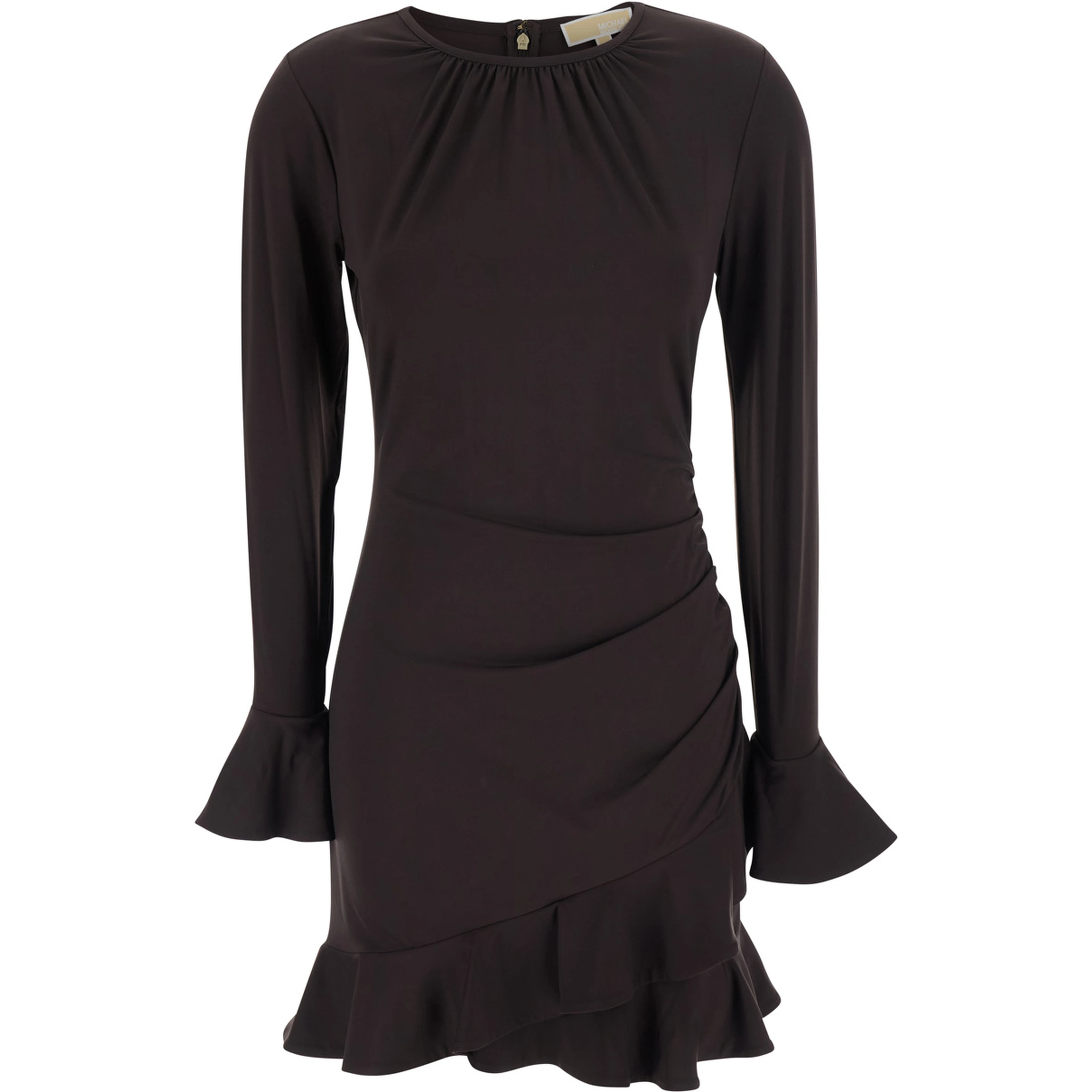 Black Crew neck dress with ruffles and flared cuffs in tech fabric for women