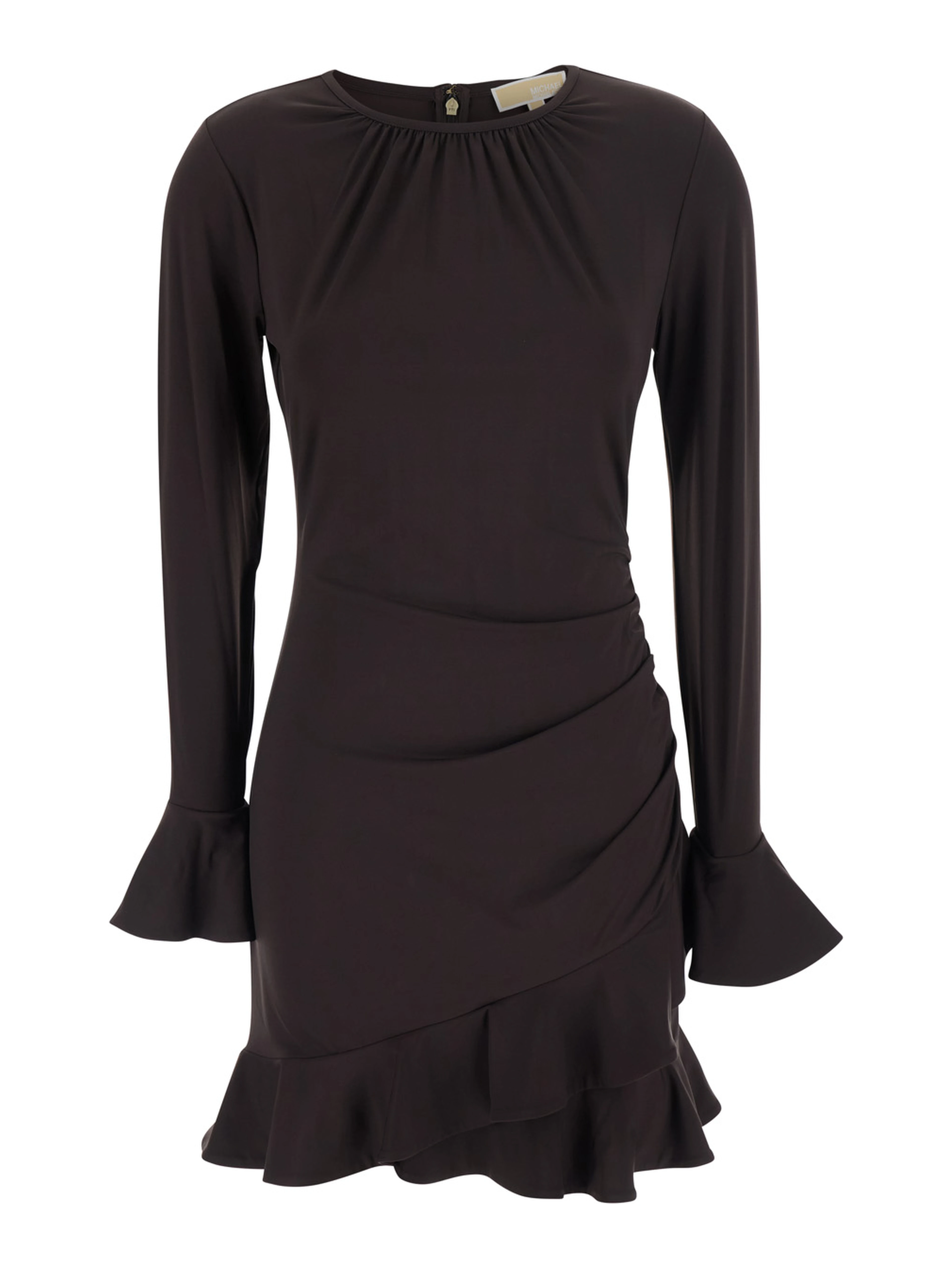 Black Crew neck dress with ruffles and flared cuffs in tech fabric for women