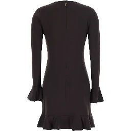 Black Crew neck dress with ruffles and flared cuffs in tech fabric for women