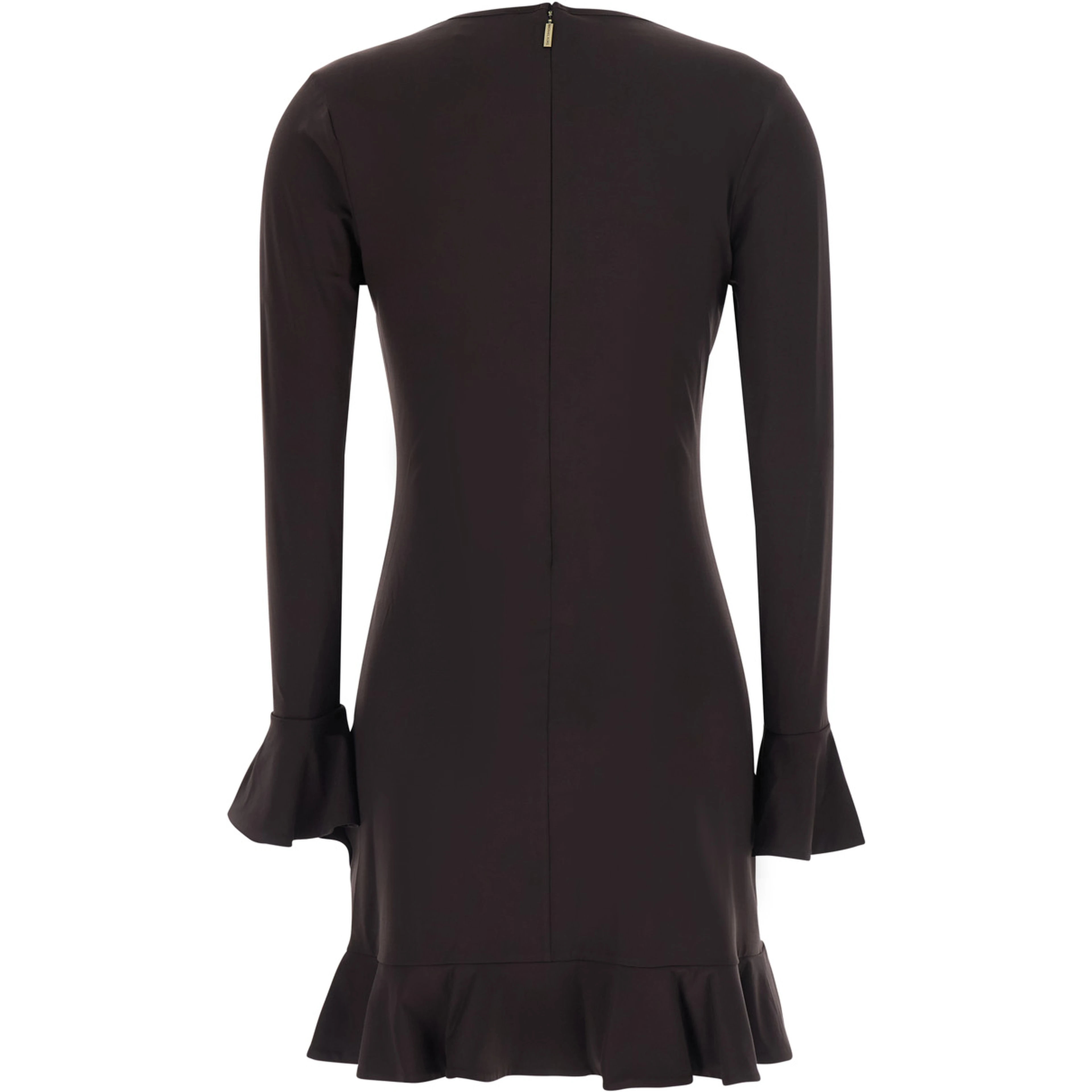 Black Crew neck dress with ruffles and flared cuffs in tech fabric for women