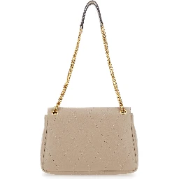 Charlie beige Crossbody bag with chain strap and logo plate on the front in quilted leather for women