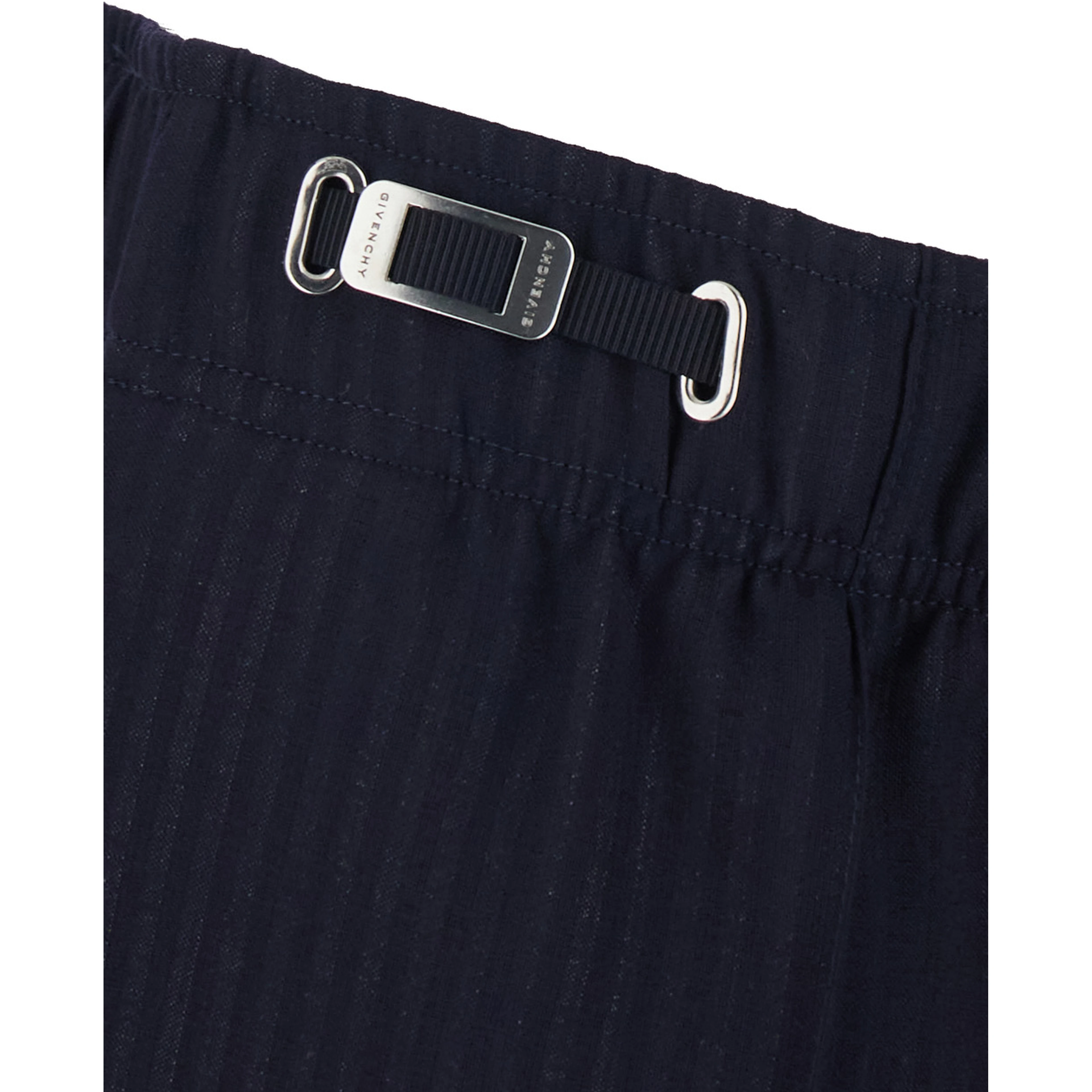 Blue Pants with elasticated waist with adjustable buckles and all-over stripe motif in tech fabric for men