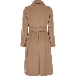 Beige Coat with Classic Collar and Front Belt Closure in Wool for Women