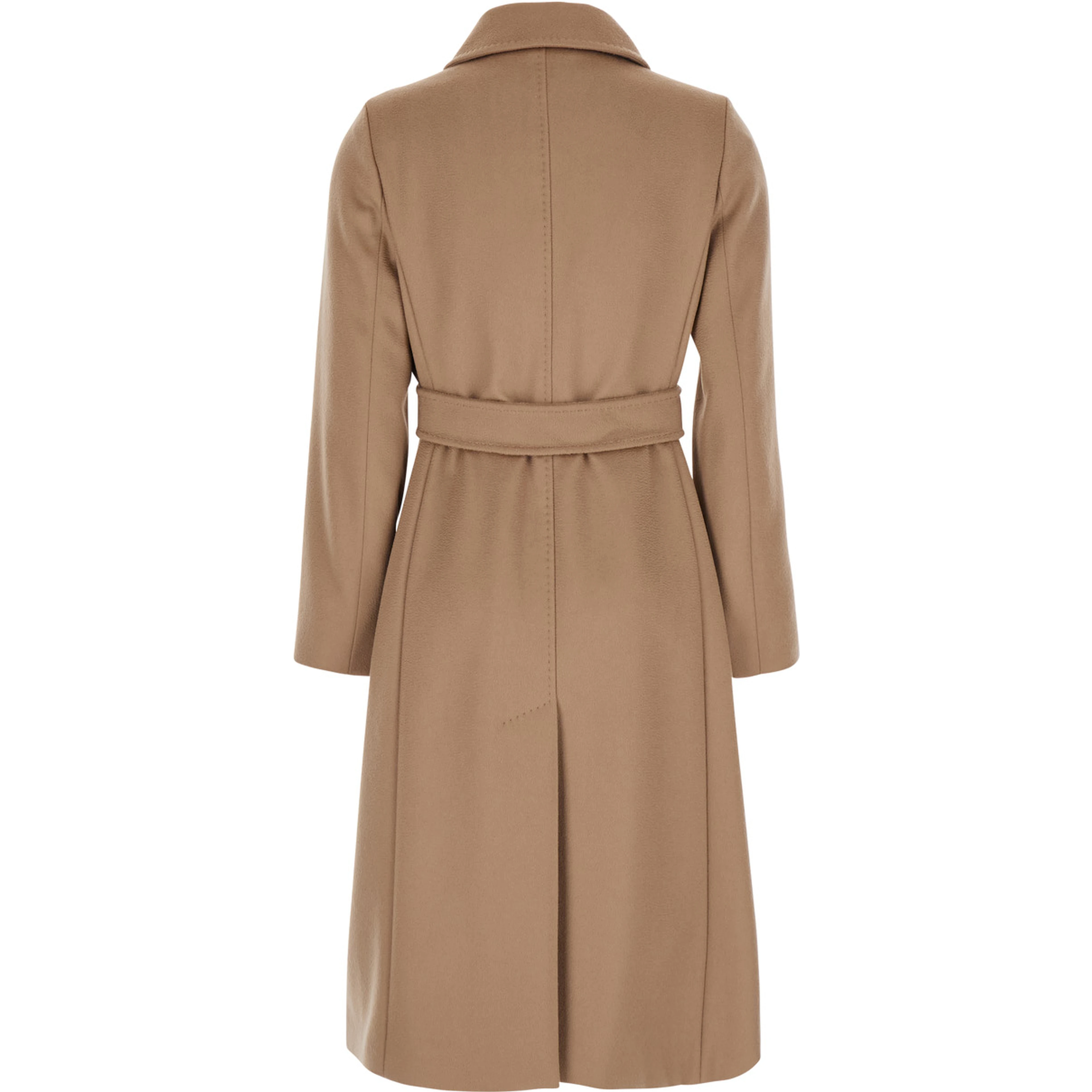 Beige Coat with Classic Collar and Front Belt Closure in Wool for Women